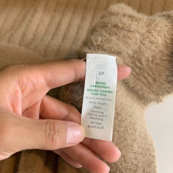 Aerie Sweater Womens S Small Stone Fuzzy Cozy Ribbed Oversized Crewneck Pullover - Picture 8 of 13